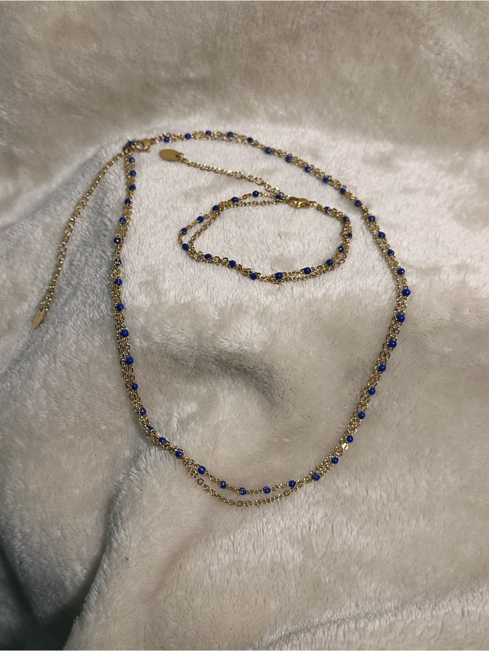 Plunder 3 pc gold tone chain necklace & bracelet set with blue beads & earrings